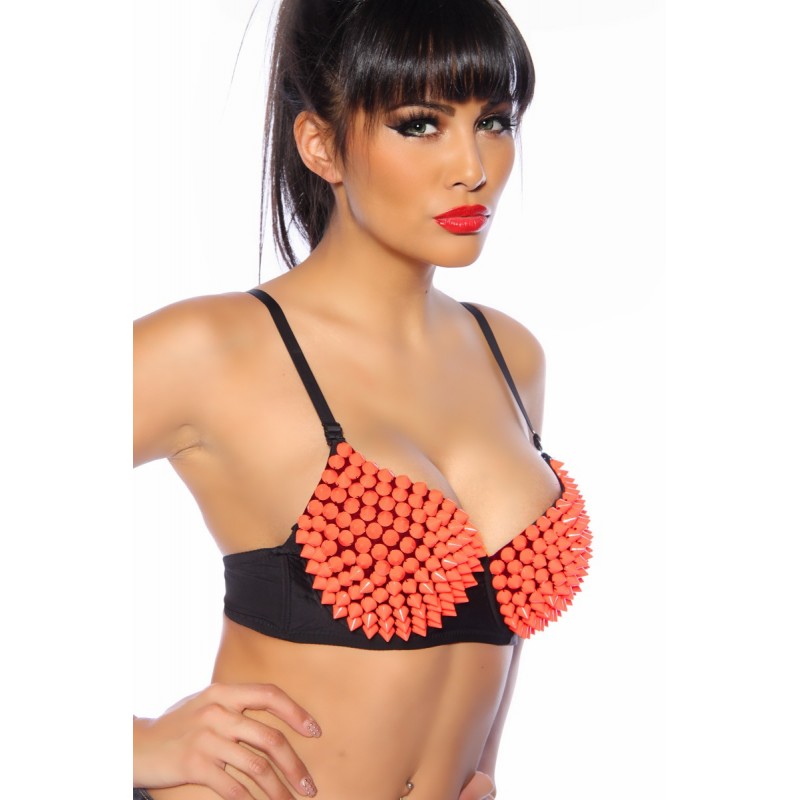 Sexy Reggiseno nero push up con borchie arancioni