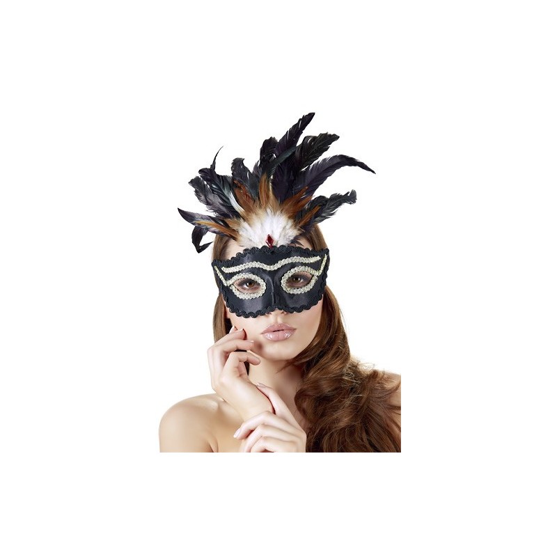 Maschera Nera con inserti dorati, Piume e una piccola pietra rossa Maschera Nera con inserti dorati, Piume e una piccola pietra rossa
