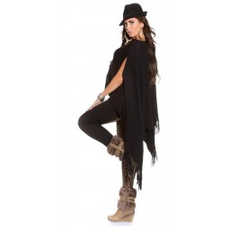 Stupendo Poncho Nero con aperture sulle braccia e decorato con frange