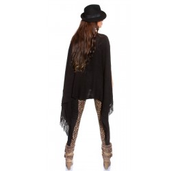 Stupendo Poncho Nero con aperture sulle braccia e decorato con frange
