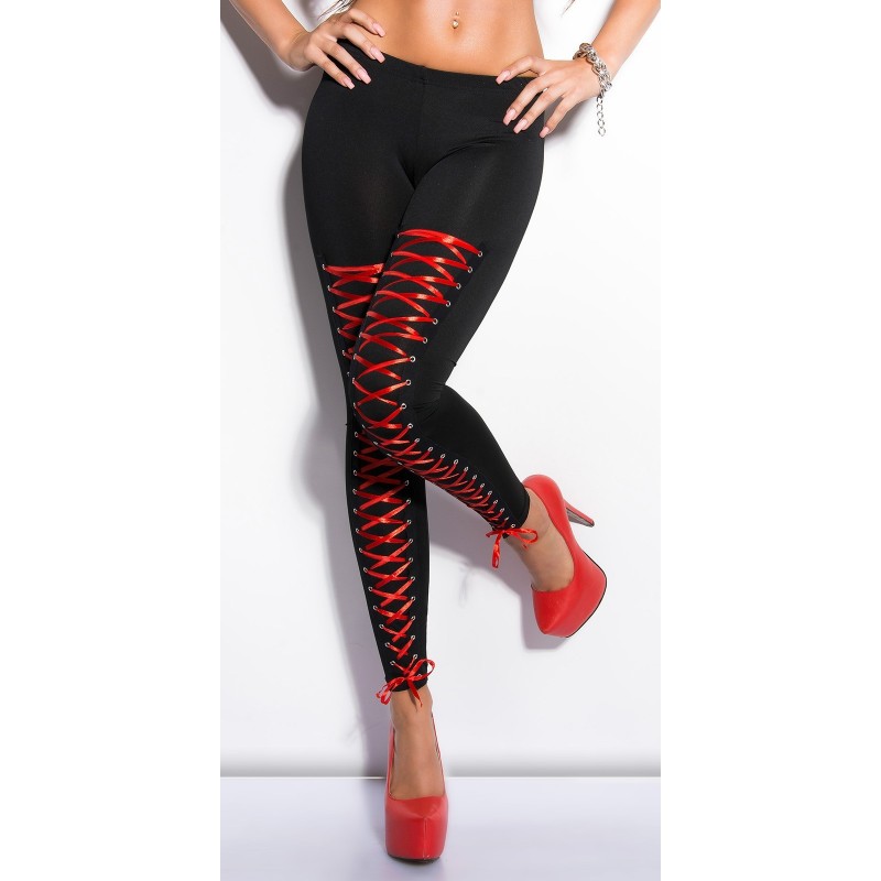 Sexy Leggings neri con stringatura anteriore rossa regolabile