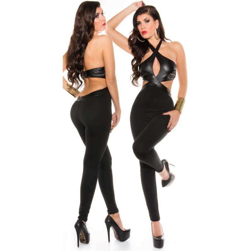 Sexy Tuta in tessuto elastico stretch nero con parte superiore in ecopelle Sexy Tuta in tessuto elastico stretch nero con parte superiore in ecopelle