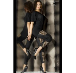 Leggings in tessuto semilucido nero con inserti leopardati