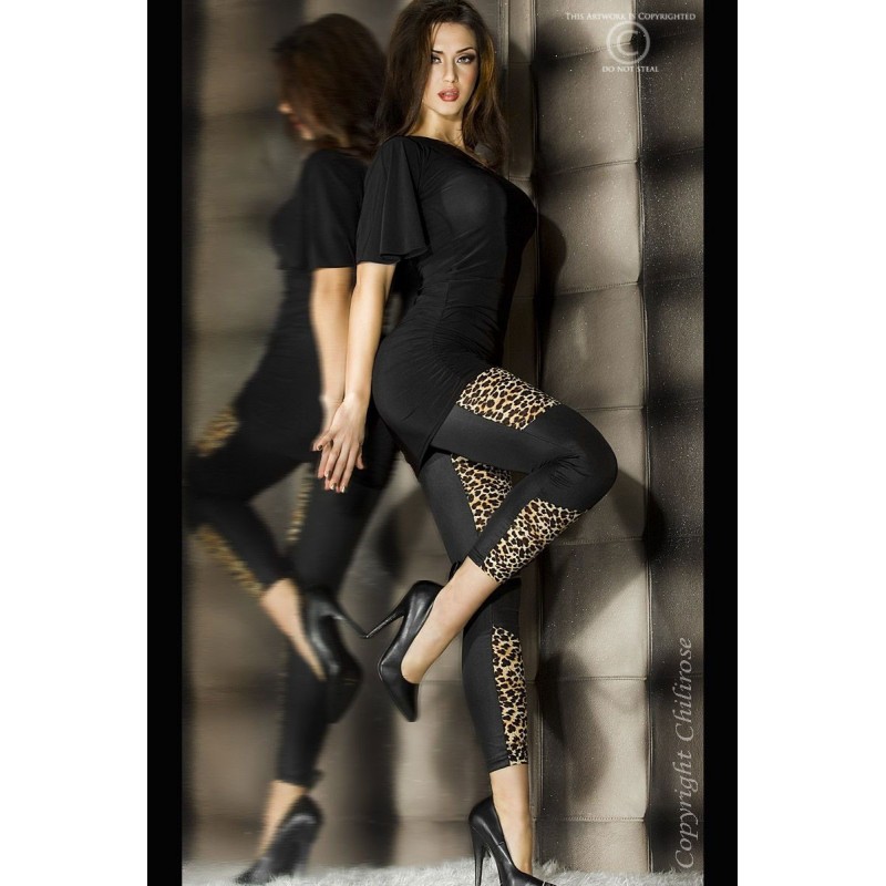 Leggings in tessuto semilucido nero con inserti leopardati Leggings in tessuto semilucido nero con inserti leopardati