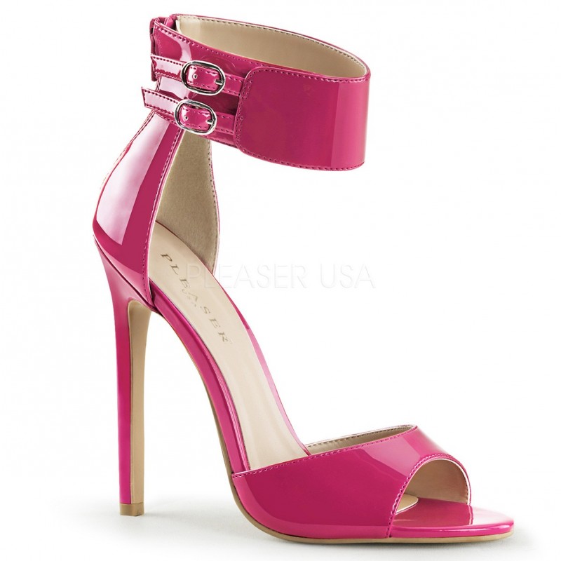 Sandali fuchsia in vernice con zip posteriore e cinturino alla caviglia, Pleaser Shoes