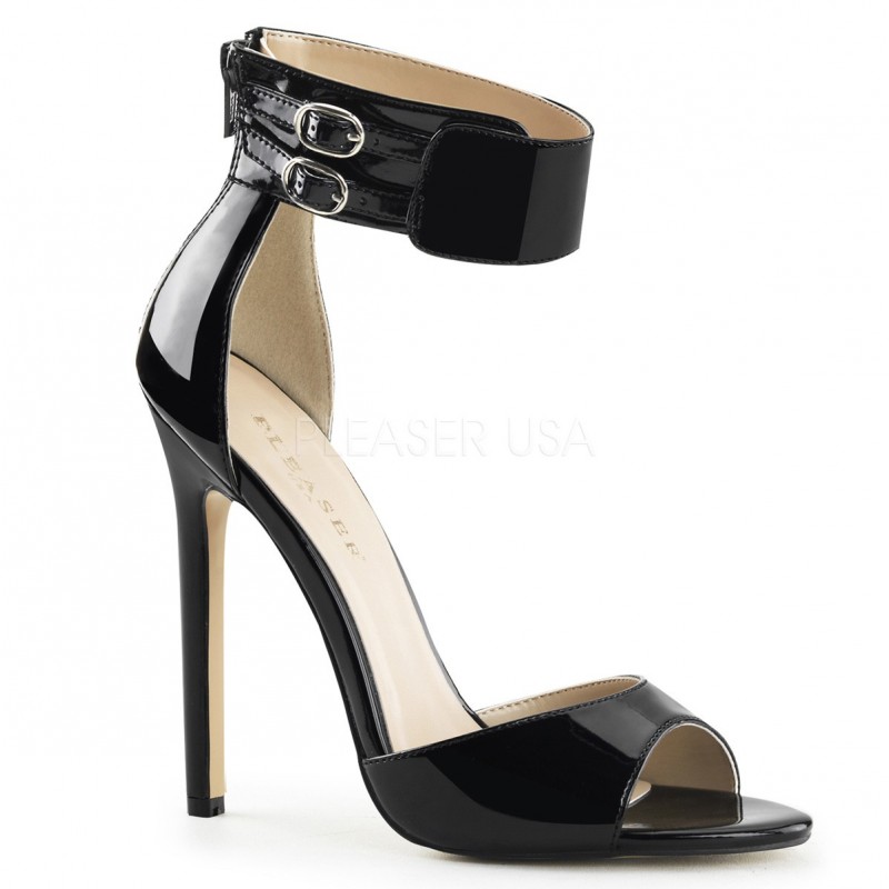 Sandali neri in vernice con zip posteriore e cinturino alla caviglia, Pleaser Shoes Sandali neri in vernice con zip posteriore e cinturino alla caviglia, Pleaser Shoes