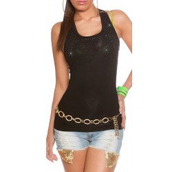 Top nero con pietre glitter ed inserto posteriore in pizzo