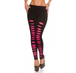 Sexy leggings neri con strappi anteriori e inserti in pizzo rosa fuchsia