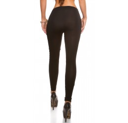 Sexy leggings neri con strappi anteriori e inserti in pizzo rosa fuchsia