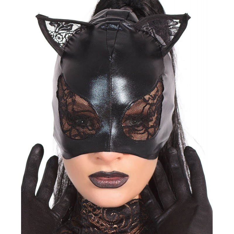 Maschera da gatta in tessuto elastico nero lucido con inserti in pizzo by Coquette