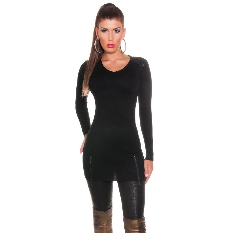 Maglioncino lungo/mini abito nero con inserti in simil pelle e zip inferiori Maglioncino lungo/mini abito nero con inserti in simil pelle e zip inferiori