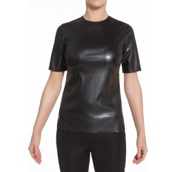 'Cher' Maglietta a girocollo in similpelle nera con zip posteriore