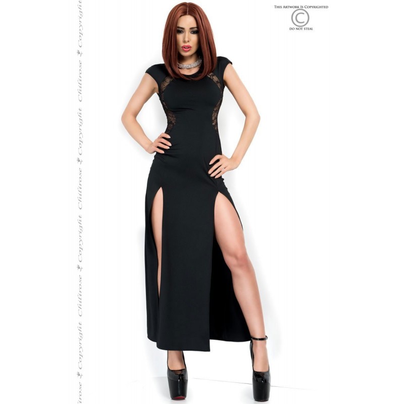 Abito Lungo nero con spacchi ed inserti in pizzo CR-3858 Chilirose Abito Lungo nero con spacchi ed inserti in pizzo CR-3858 Chilirose