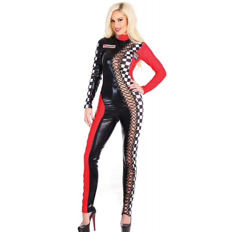 Tuta Racer in lycra elastica lucida con inserto stringato Tuta Racer in lycra elastica lucida con inserto stringato