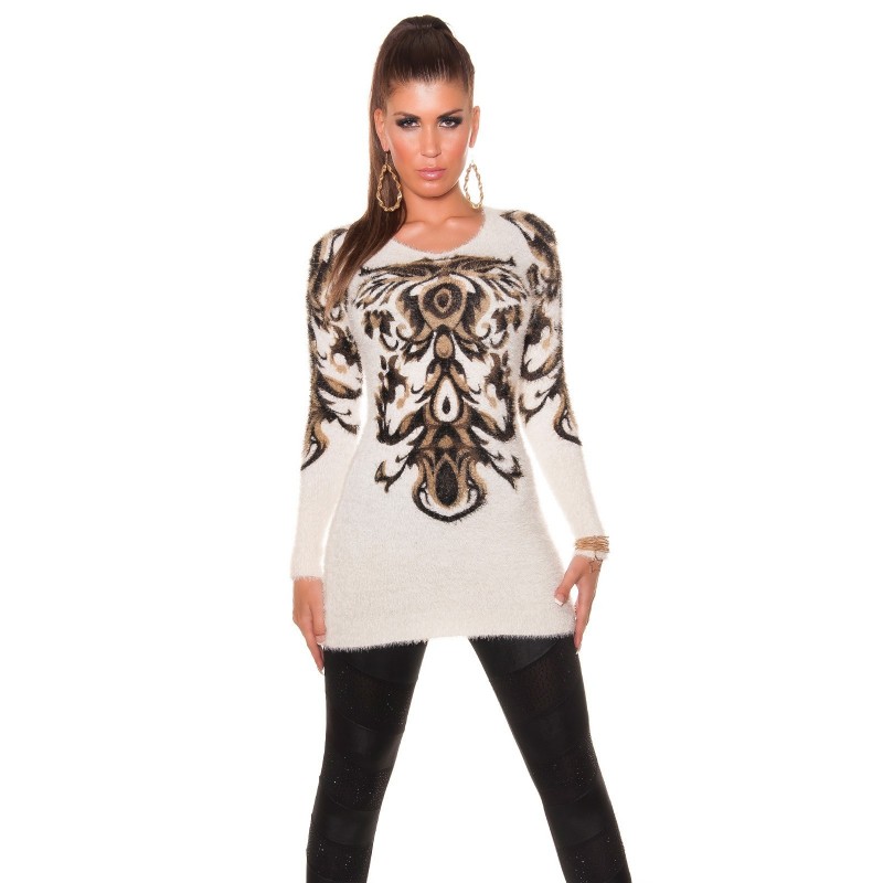 Maglioncino lungo color crema con stampe in fantasia Maglioncino lungo color crema con stampe in fantasia