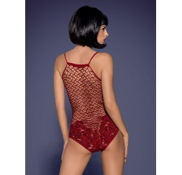 Sexy Body in rete rossa con inserti in tessuto ricamato in fantasia floreale, Obsessive