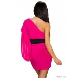 Sexy mini abito fuchsia monospalla con strass e cintura