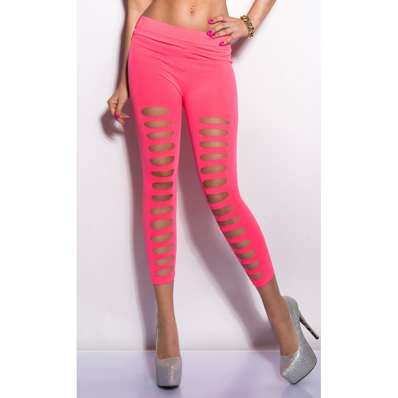Leggings rosa neon 7/8 in tessuto elastico con strappi anteriori Leggings rosa neon 7/8 in tessuto elastico con strappi anteriori