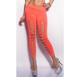 Leggings arancio neon 7/8 in tessuto elastico con strappi anteriori