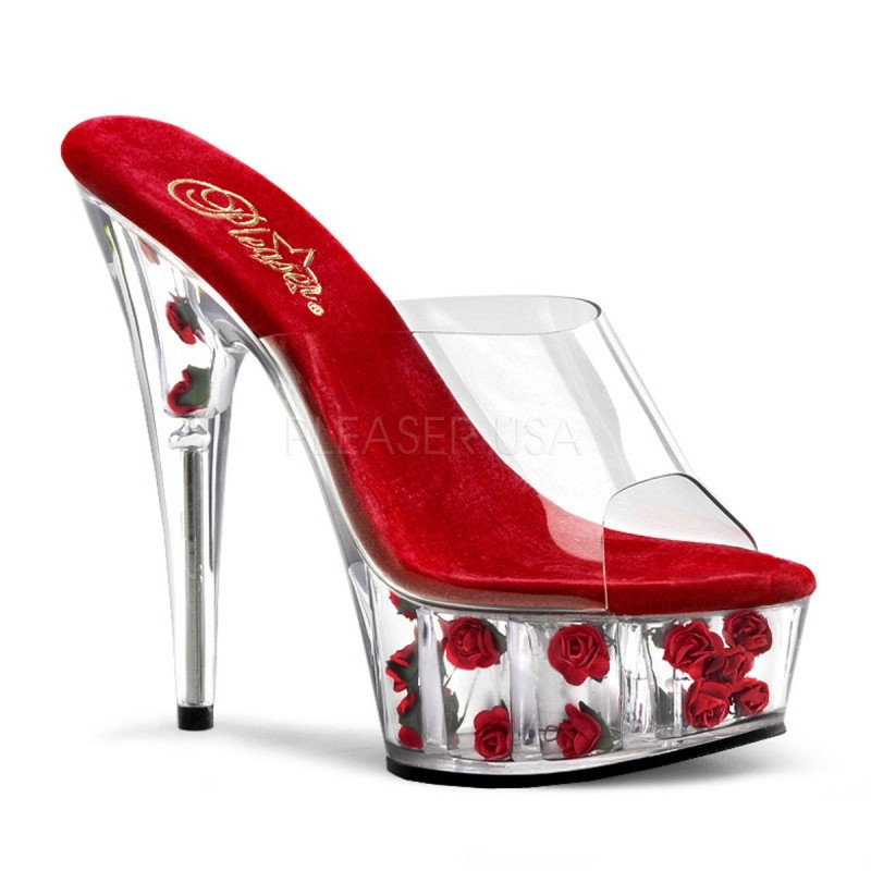 Sexy Sandali con plateau trasparenti con roselline Tacco 14 cm Pleaser Sexy Sandali con plateau trasparenti con roselline Tacco 14 cm Pleaser