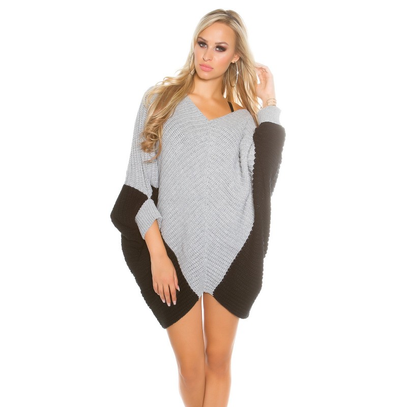 Maglione oversize grigio/nero con maniche ampie e scollatura a V