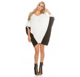 Maglione oversize crema/nero con maniche ampie e scollatura a V