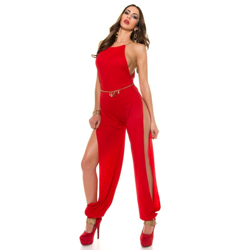 Sexy tuta rossa con catenelle dorate e cintura Sexy tuta rossa con catenelle dorate e cintura
