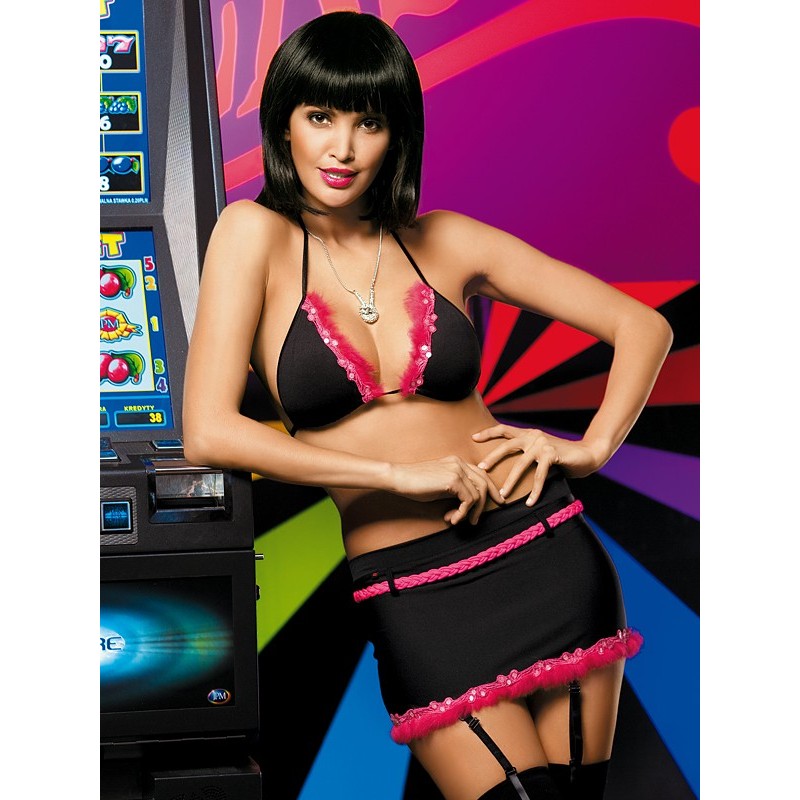 'Casino' Completo 3 pezzi  nero con marabou rosa Obsessive