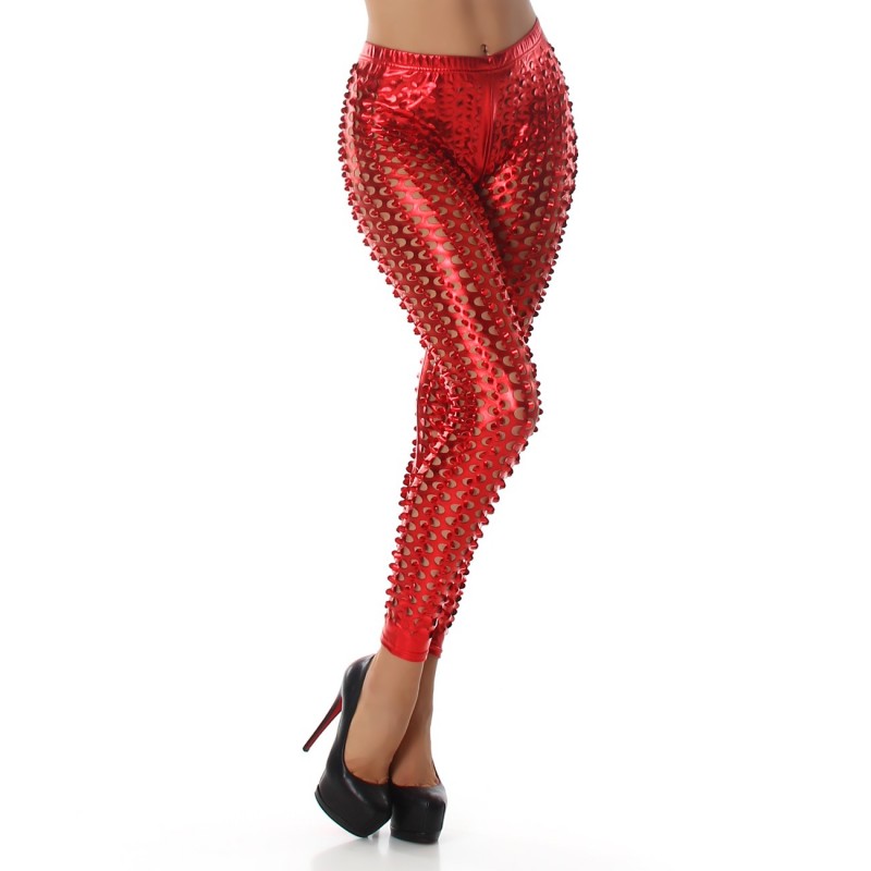 Sexy Leggings rossi in tessuto lucido traforato