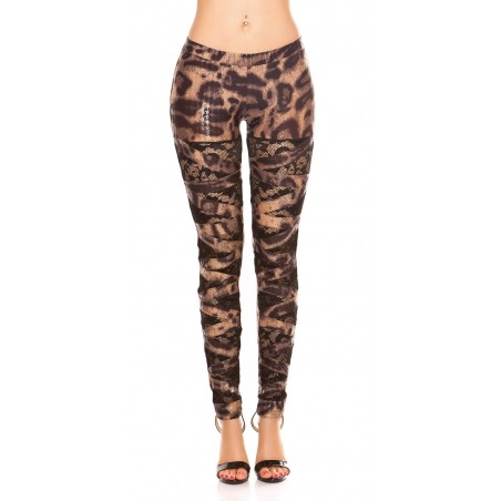 Sexy leggings leopardati lucidi con inserti in pizzo nero
