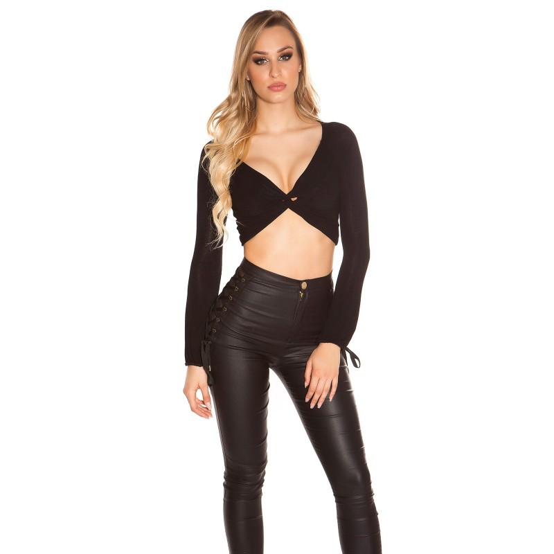 Sexy maglietta corta nera incrociata sul décolleté Sexy maglietta corta nera incrociata sul décolleté