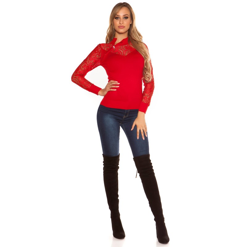 Maglioncino rosso con zip e inserti in pizzo taglia unica 40/44 Maglioncino rosso con zip e inserti in pizzo taglia unica 40/44