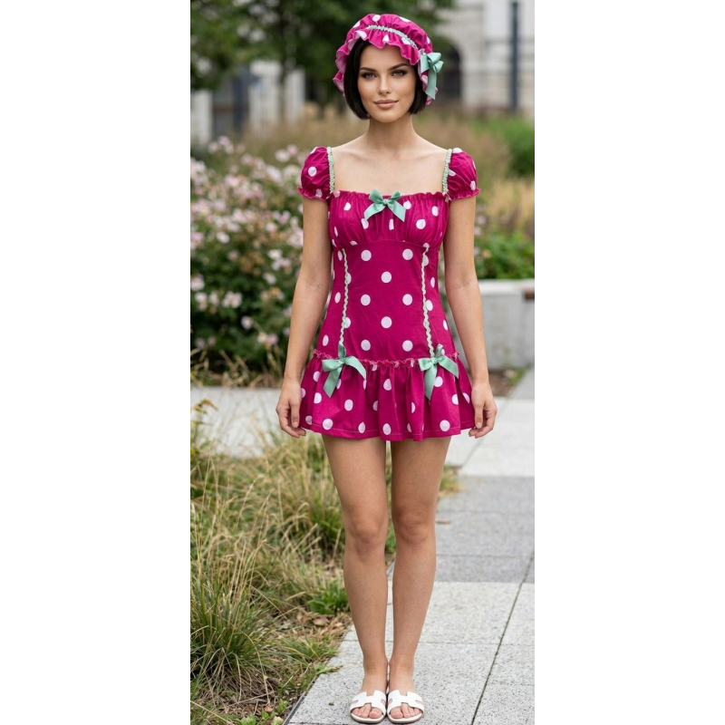 costume da fragolina-lampone, Abito corto, perizoma e cappellino