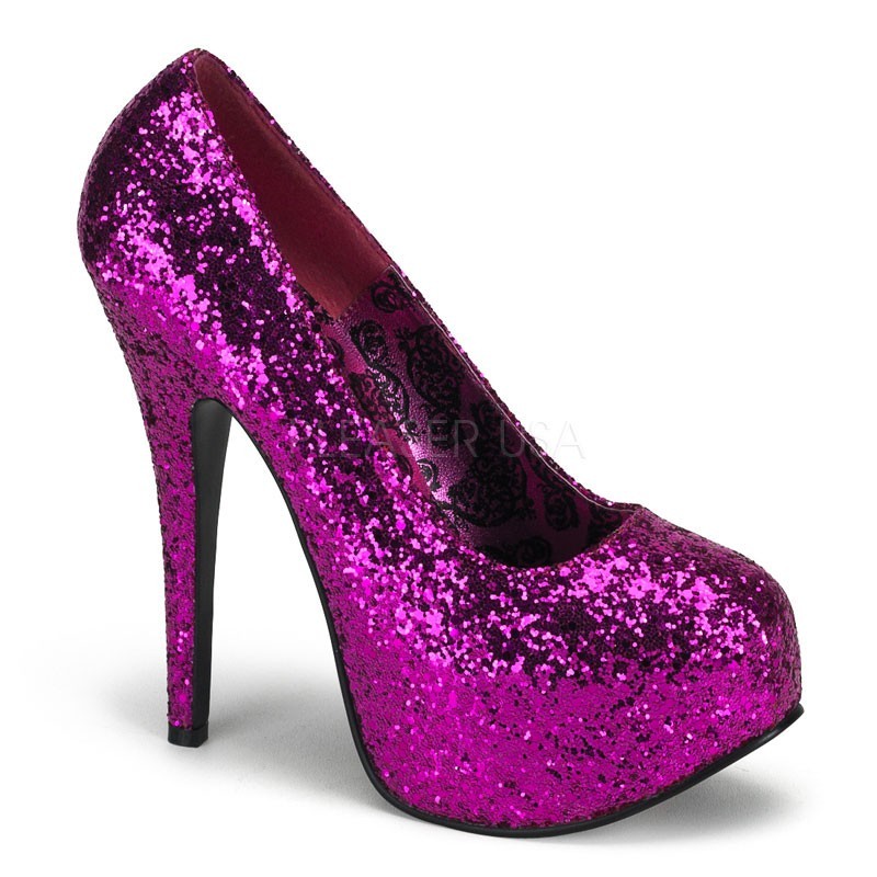 Sexy scarpe decollete' fuchsia glitter con plateau Tacco 14 cm Bordello Teeze